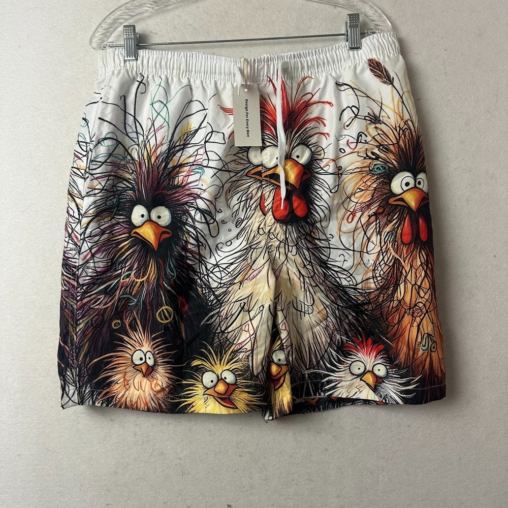 Ouku Mens Crazy Chicken Graphic Print Swim Trunks White XL New